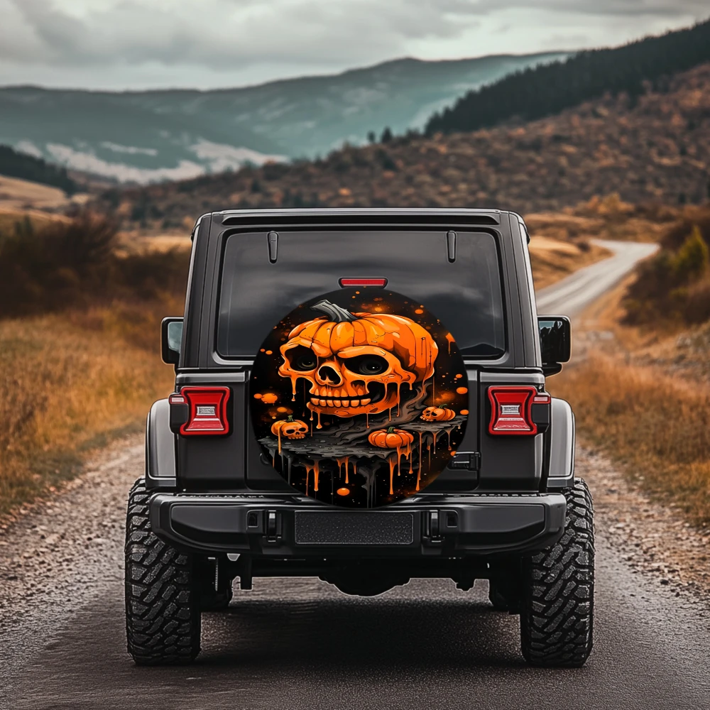 1pc 30/34 Inch Multi Functional Spare Tire Cover For Jeep Trailer RV Offroad Truck Camper Vehicles With Halloween Pumpkin Skull