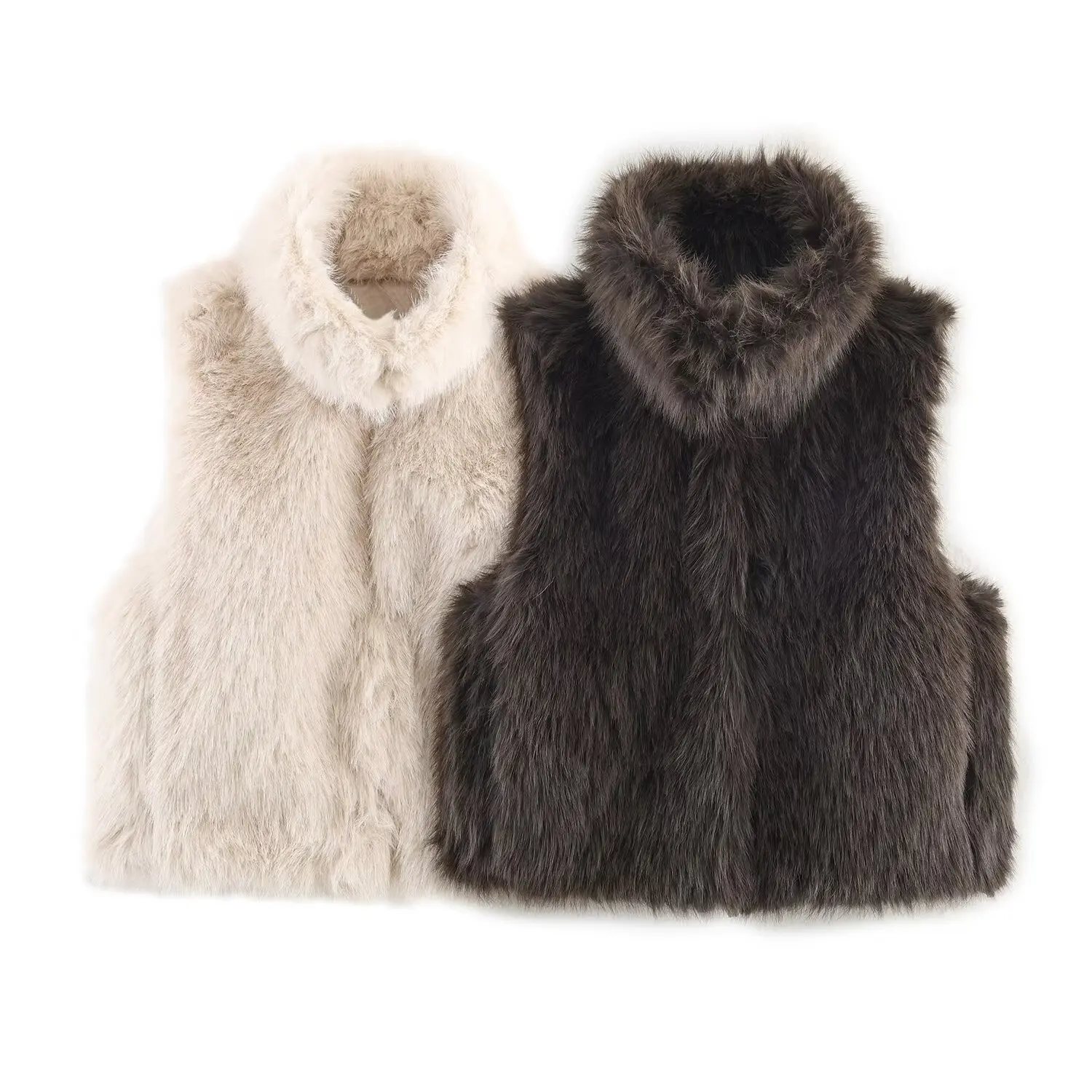 2025 New High Neck Sleeveless Faux Fur Vest Women Light Beige Two Color Options Fashion Versatile Style