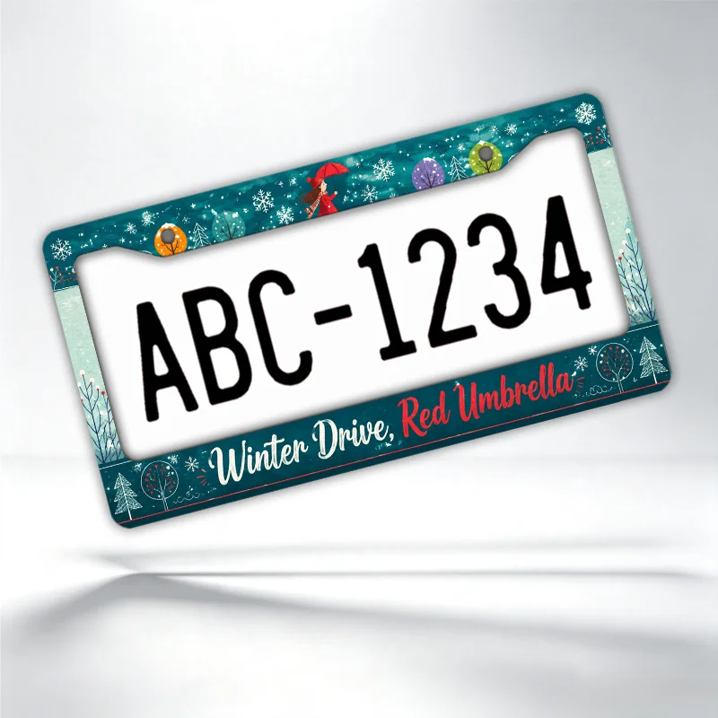 1pc Metal License Plate Frame Licence Plate Cover with Winter Drive Snowflakes Trees Girl Umbrella for Winter Driving Gift