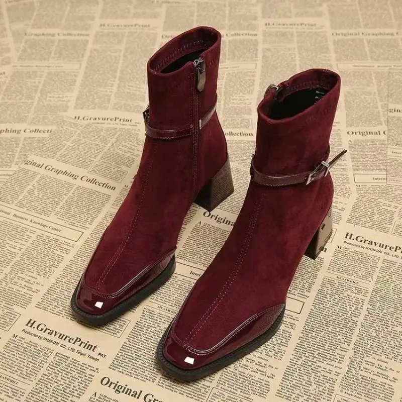 

Women's Suede Ankle Boots Fashion Square Toe Retro Skinny Boots Winter Designer Warm Comfortable Women's Shoes Botas Para Mujer