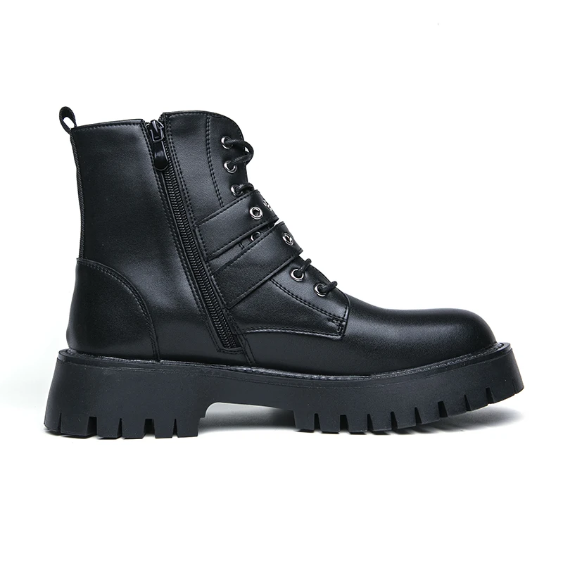 New Black Motorcycle Boots for Men Brown Lace-up Round Toe Platform Short Boots Western Boots Size 38-45