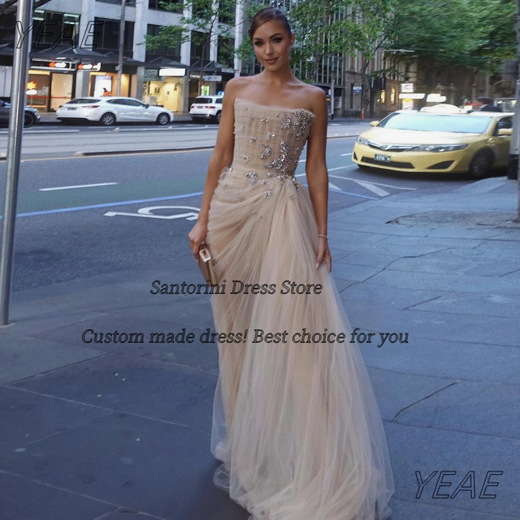 

Santorini Pick Ups Tulle Long Prom Dresses Customized Beaded Strapless Bride Wear Wedding Party Dress Sexy Back Evening Gowns