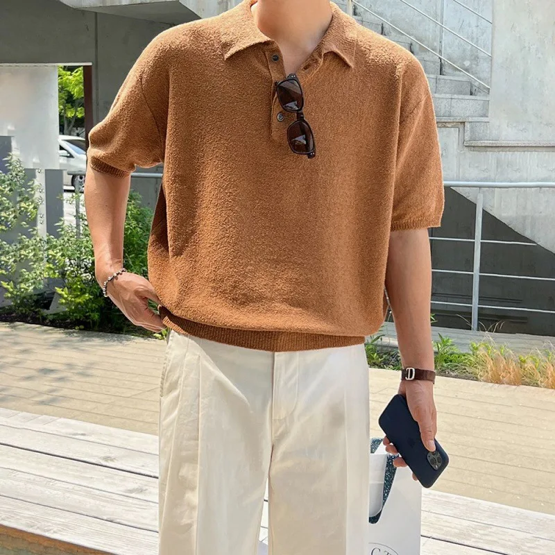 

Simple Vintage Knitted Polo Shirts Men's Short Sleeve Turn-down Collar Casual Trendy Solid Color Simple T-shirts Male Clothes