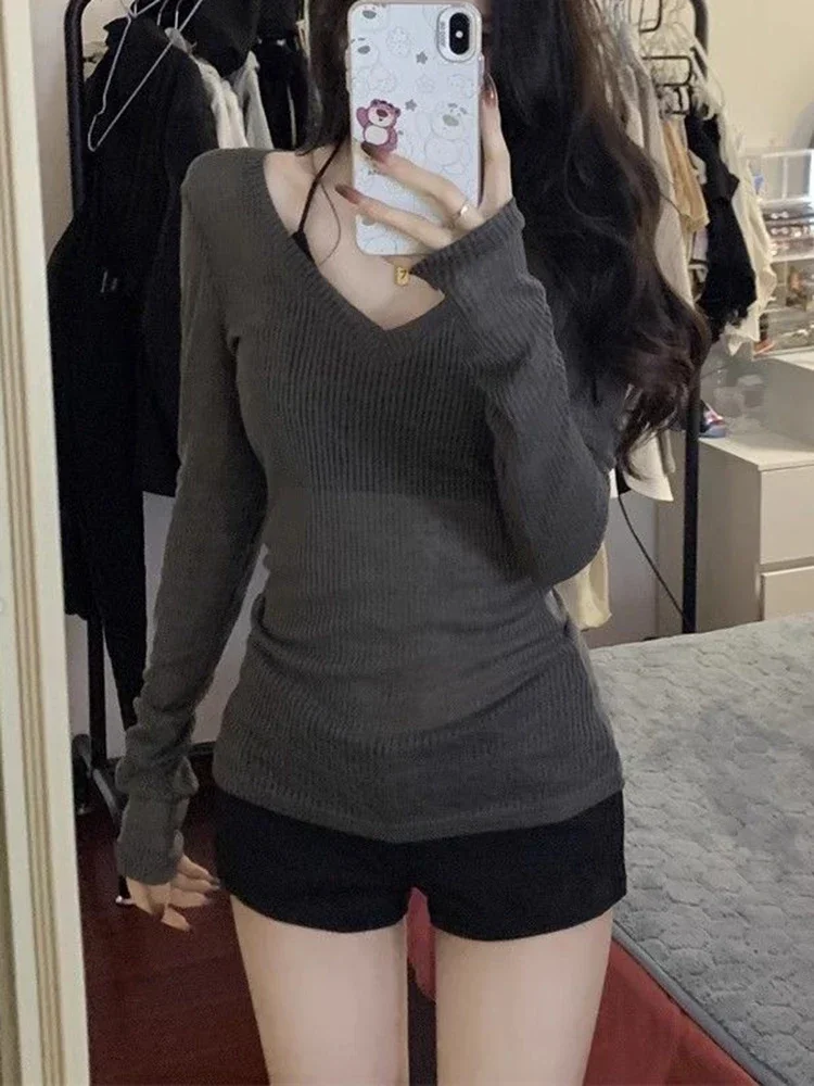 Women Knitted V-Neck Solid T-shirt and Black vest Long Sleeve Thin Sexy Pullover Tops Casual Shirts For Women 2024 Autumn Winter