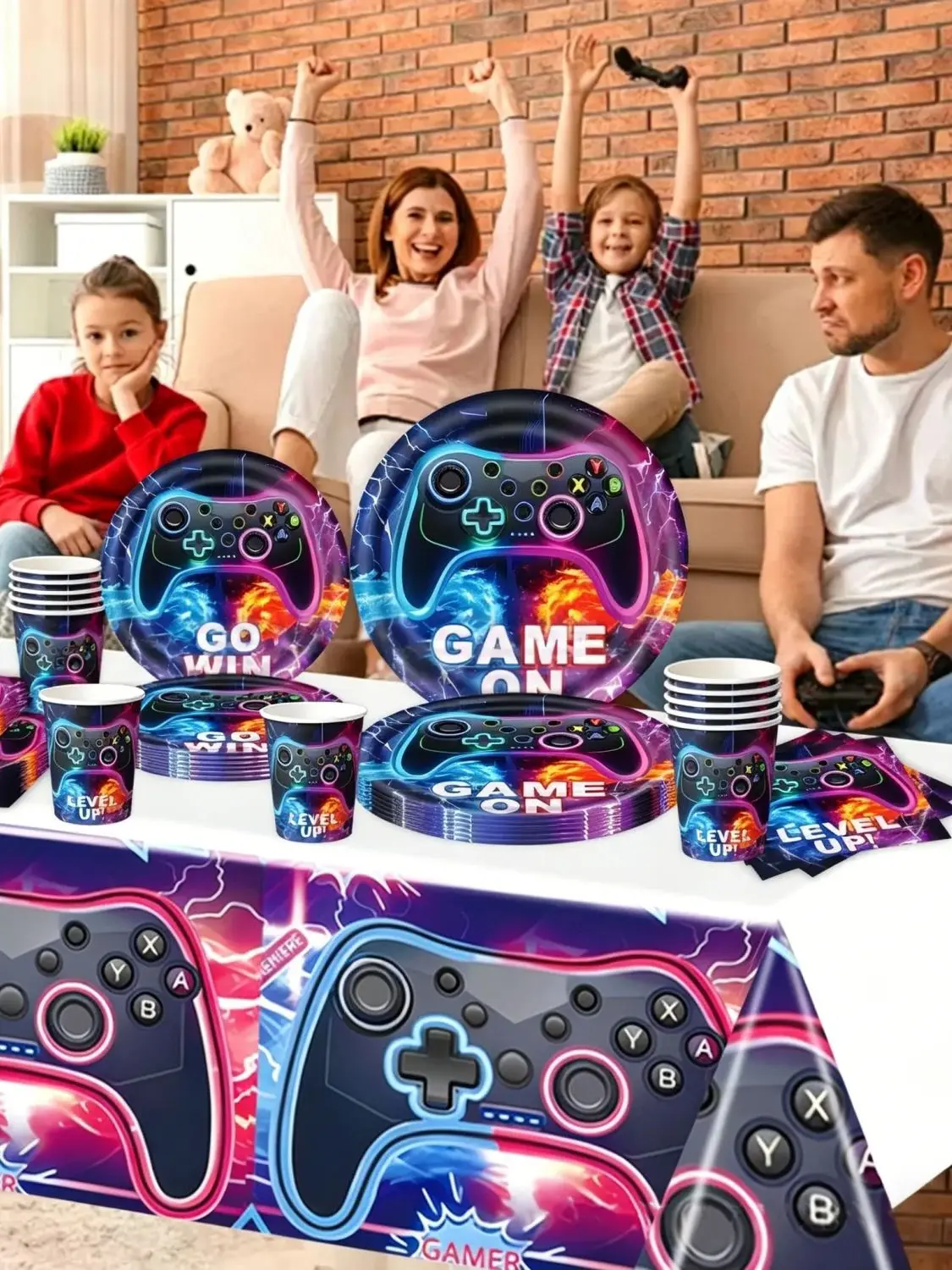 Geschirrset mit Spielkonsolen-Motiv für Partys, mit Tellern, Servietten und Bechern, Partyzubehör, Dekoration für Geburtstagsfeiern – Detail 2