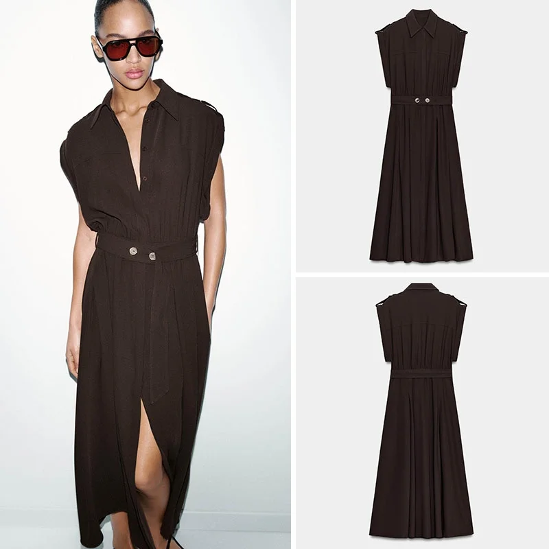 

Spring New Arrival Women's Midi Dr with Waist-Cinching Collarl Svel Belted ZA2026 Faionable Ethnic Sle