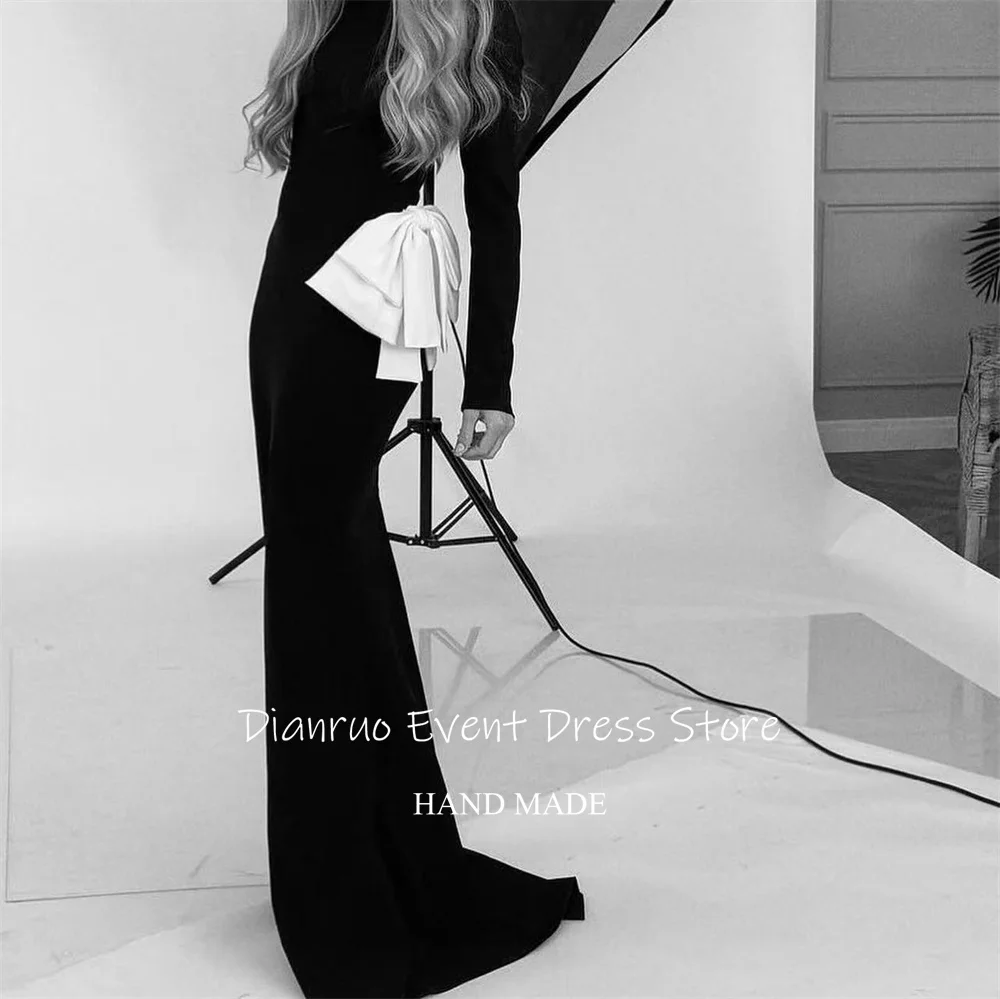 Dianruo Элегантные черные атласные вечерние платья Длинные платья с круглым вырезом Robes De Soirée Русалка с бантом Vestido De Fiesta по индивидуальному заказу