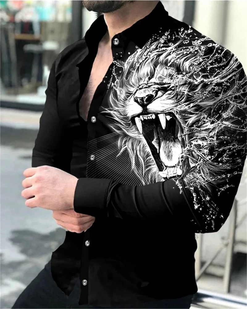 

Autumn men's casual versatile fashion street men's shirt lapel single-breasted long-sleeved top men's lion long-sleeved shirt