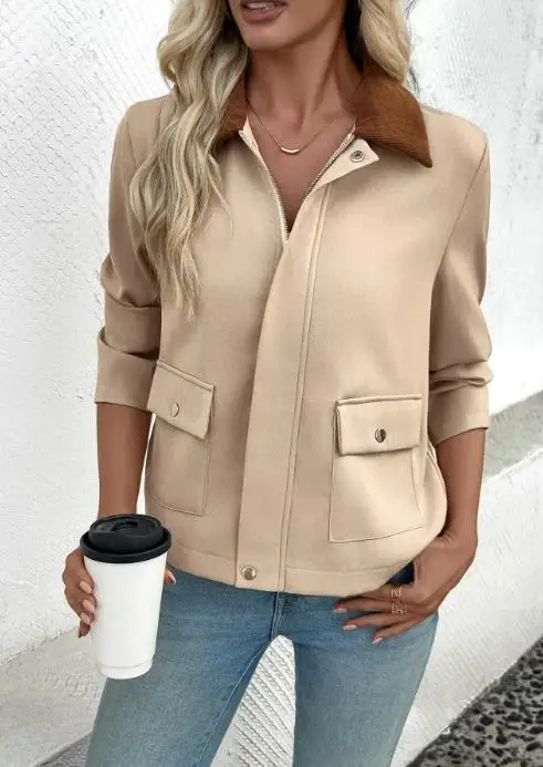

Autumn Fashion Lapel Contrasting Color Splicing Slim Straight Tube Short Jacket for Women Slim Fit Commuting Style Short Jacket