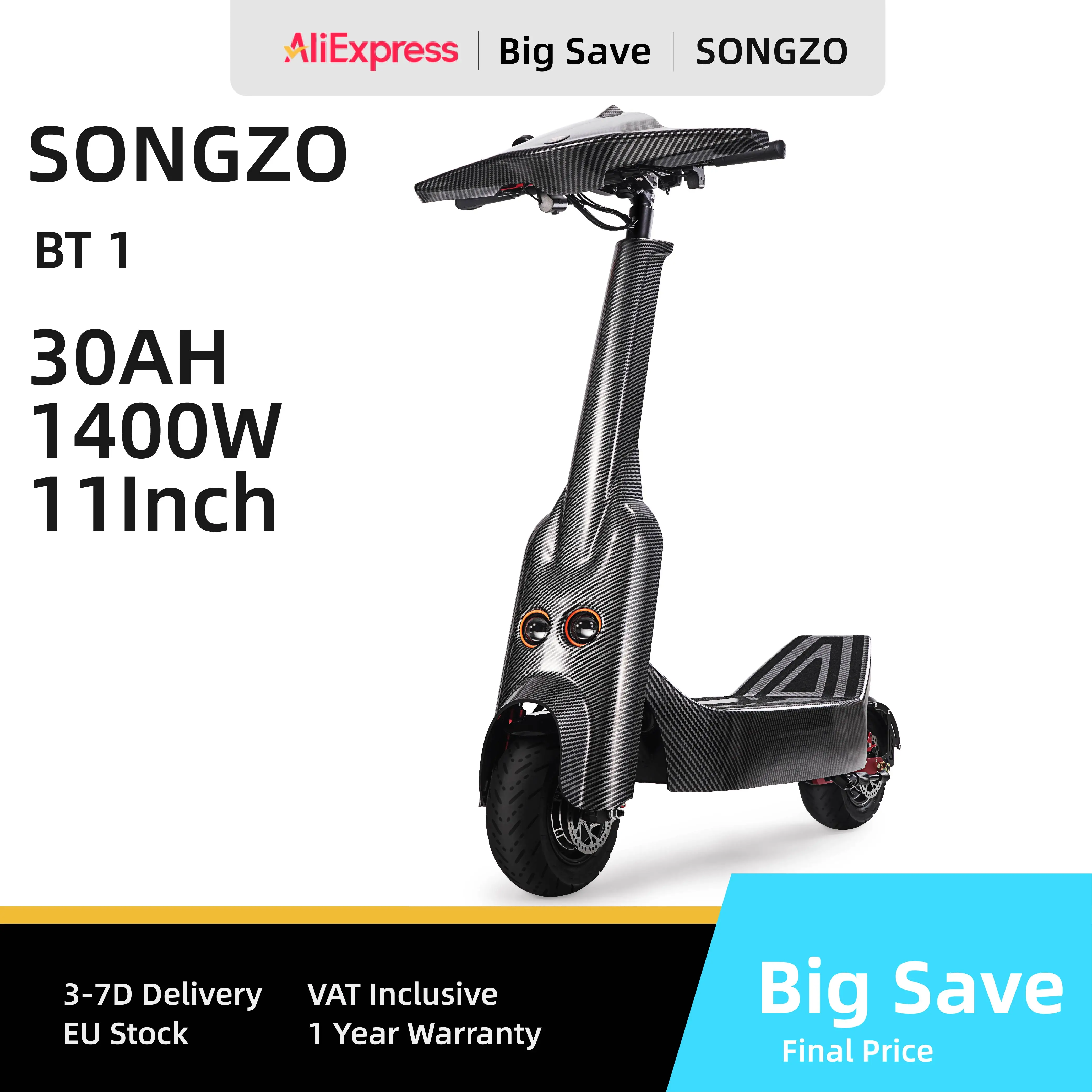 SONGZO BT1 Electric Scooter 5600W Strong Motor 60V 30Ah 16850 Battery Cell Foldable Tubeless Silent Road Tire Electric Scooter