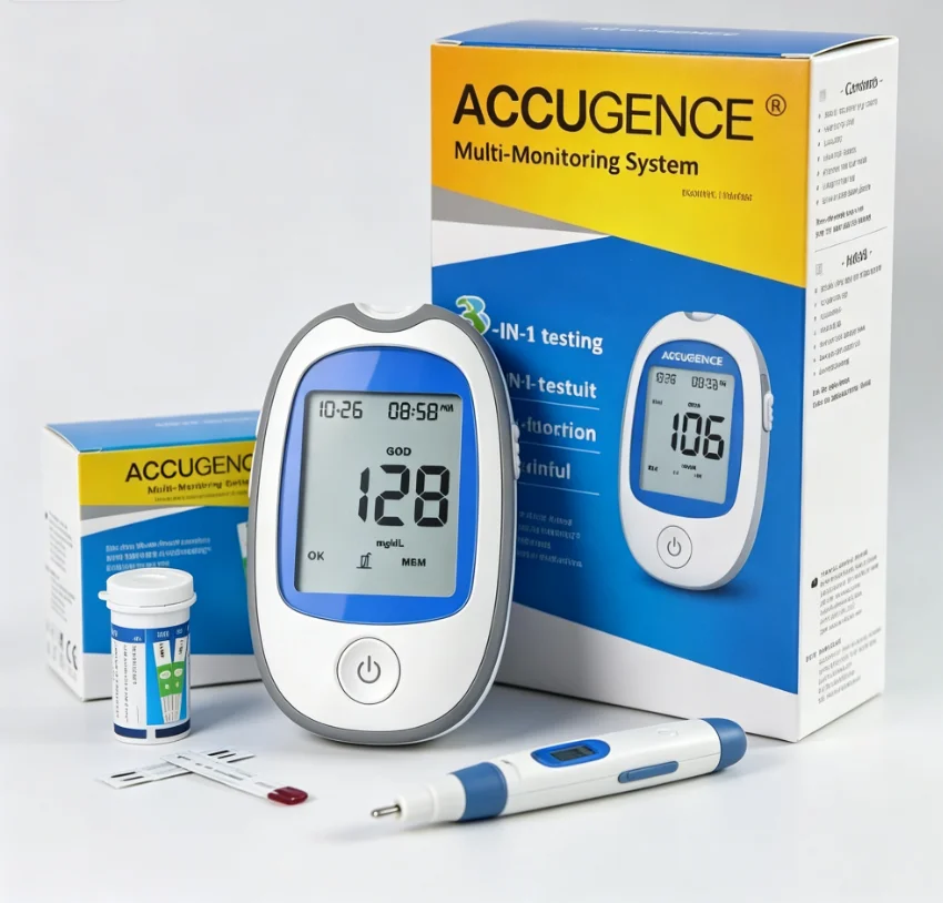 Многофункциональная система мониторинга ACCUGENCE 3-в-1: глюкометр, портативный набор для измерения уровня сахара в крови с тест-полосками для определения уровня глюкозы в крови