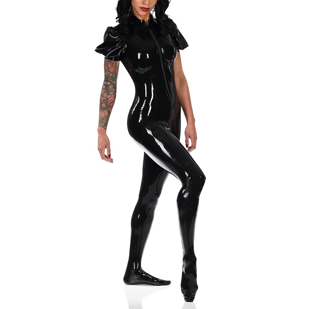 Smooth PVC Leather Jumpsuits for Women,Puff Short Sleeve,Zipper Open Crotch,Full Body,Sexy Pole Dance Rompers,Female Tights,Club