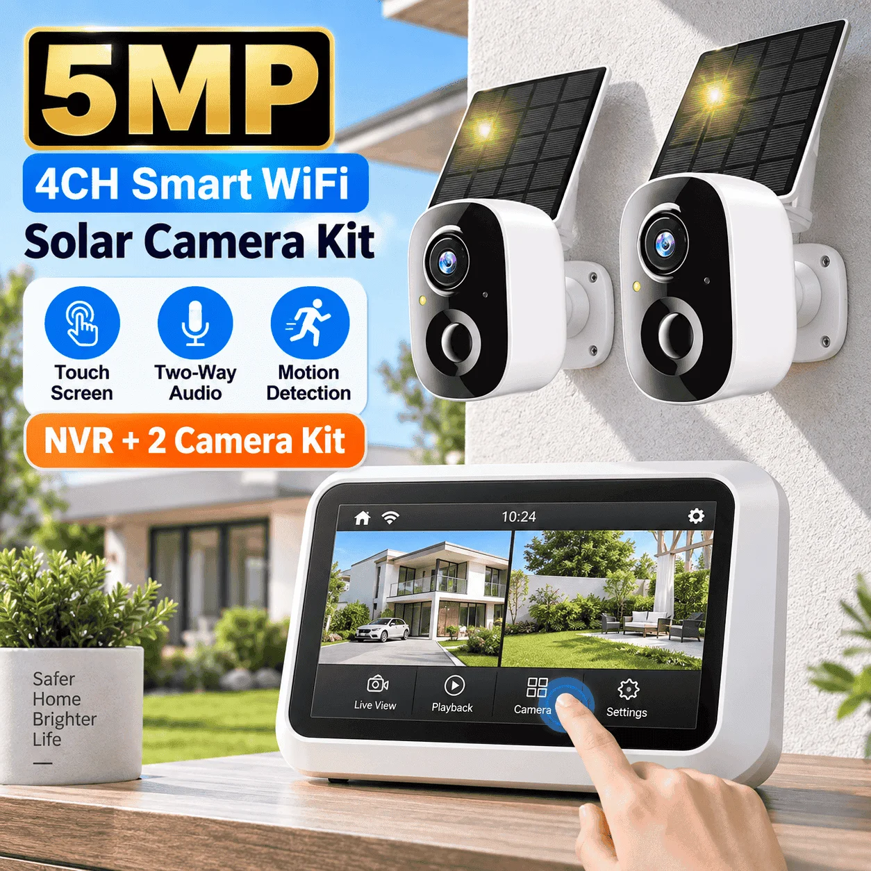 Image of 2-Kanal-5-MP-WLAN-LCD-NVR-CCTV-Kit, 4-Kanal-4,3-Zoll-Touchscreen-Monitor, integriertes Sicherheitssystem mit vier wasserdichten, solarbetriebenen, drahtlosen Bullet-Kameras für den Außenbereich,