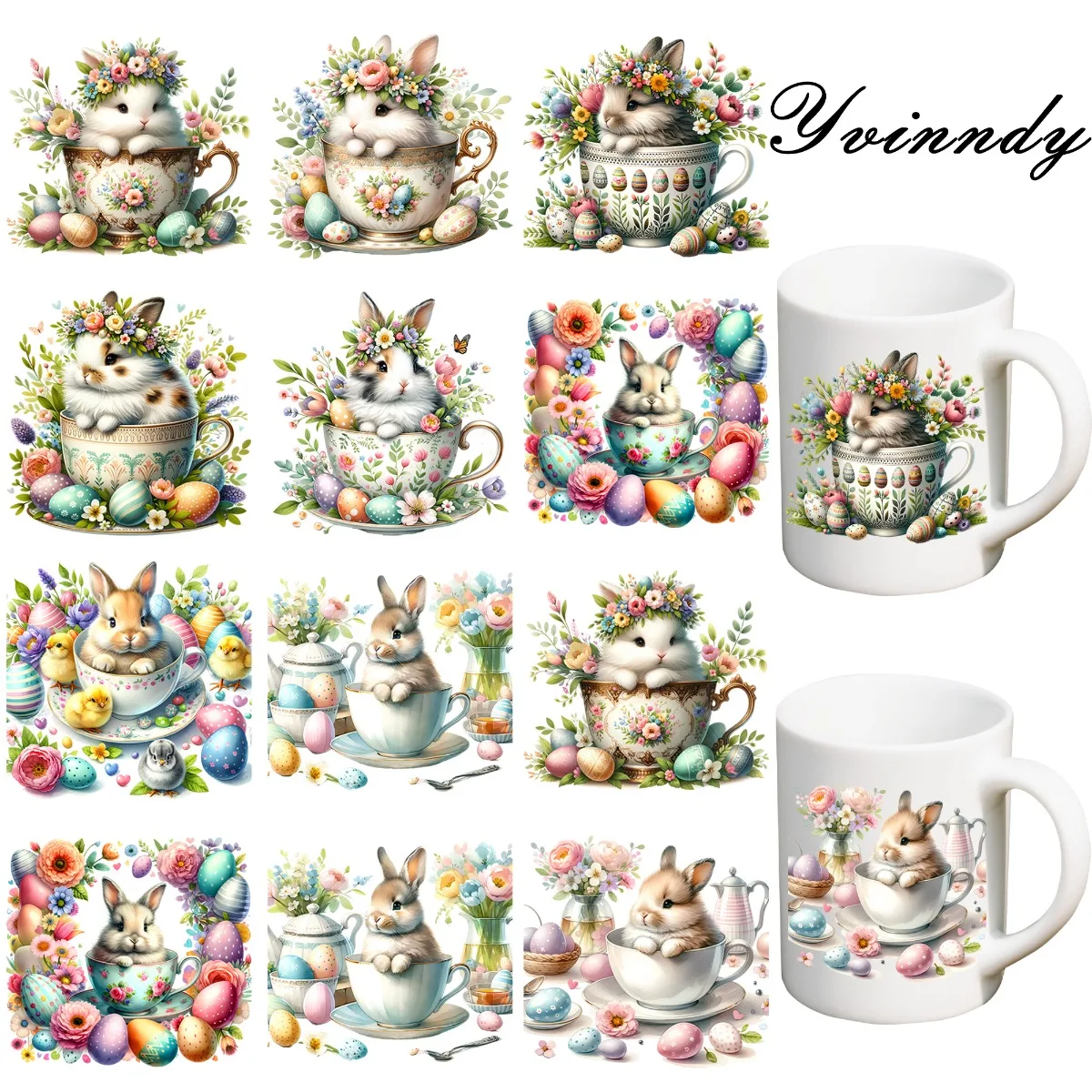 12 Stück/Set Ostern Bunte Blumen-Eier und Hasen UV DTF DIY-Transferaufkleber für DIY-Becher (Nur der Transferaufkleber ist enthalten)