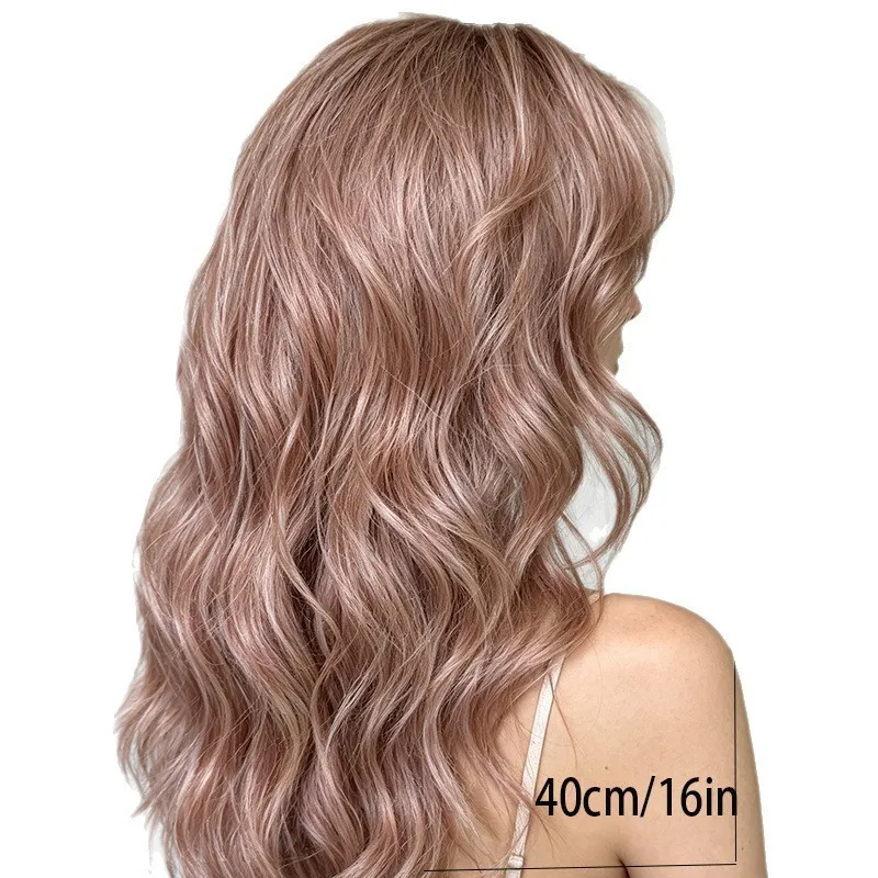 European and American style medium-length pink-brown curly wig for women, featuring a stylish full head covering with a wavy fri