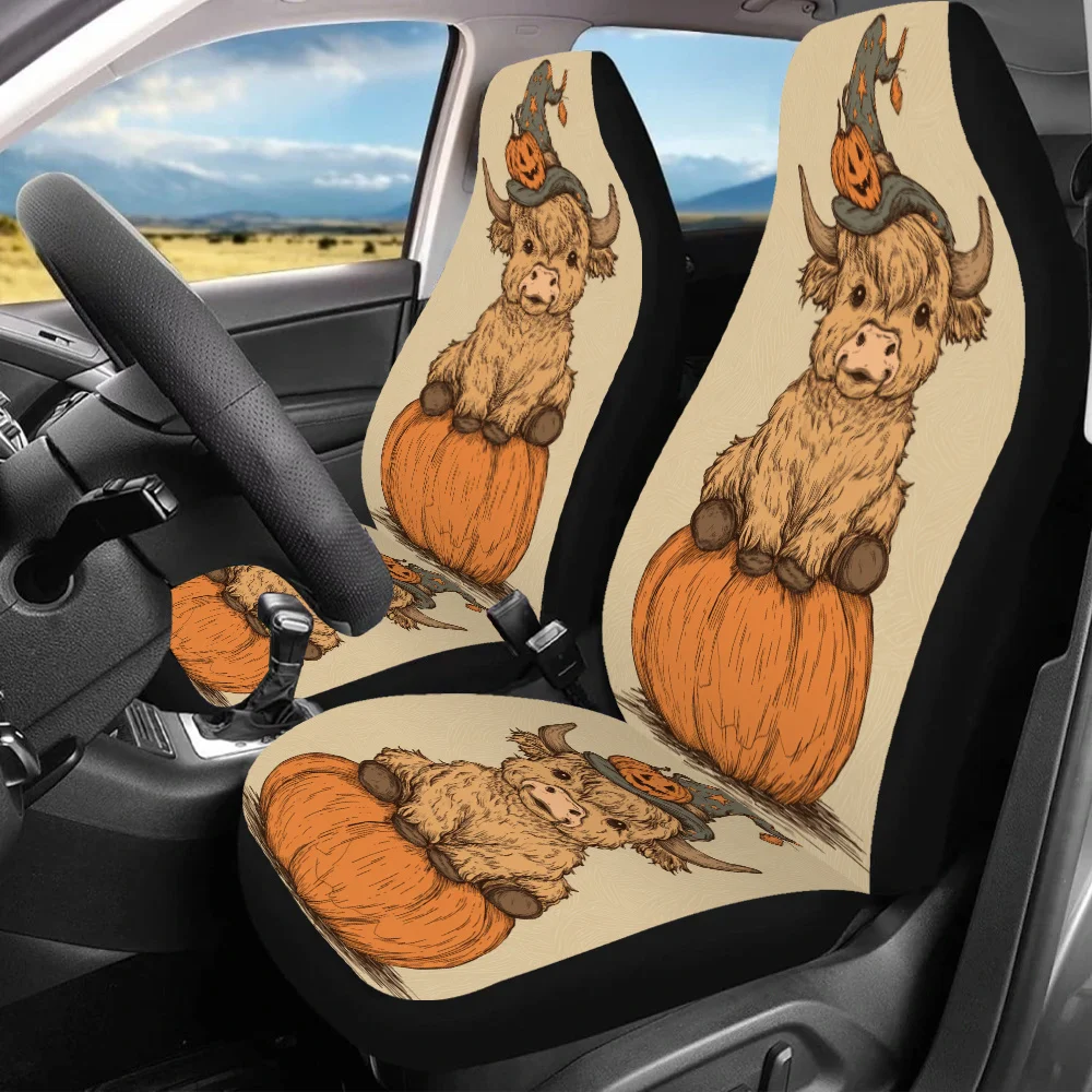 2 Coprisedili Per Auto Di Mucca Delle Highland Di Halloween: Simpatico Design Di Mucca Scozzese Con Motivi Di Zucca E Plaid, Adatti Per Auto, Suv, Sedani