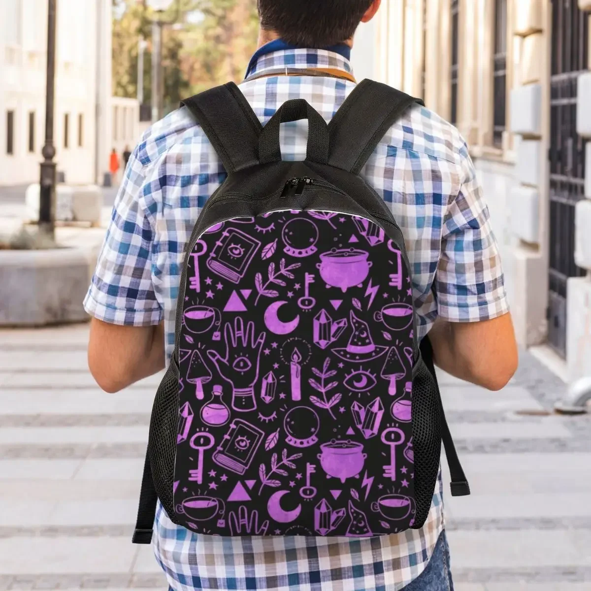 Witchy Things teksturowane fioletowe plecaki dla mężczyzn kobiety szkoła studenci Bookbag pasuje do 15-calowego laptopa Halloween torby czarownic