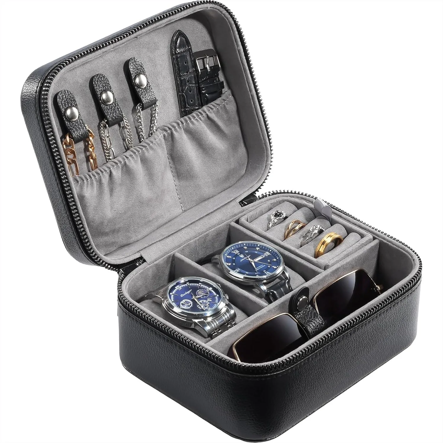 

Travel Watch Case 2 Slots PU Leather Portable Watch Organizer for Men, Zippered Storage Bag for Jewelry and Cufflinks - Black