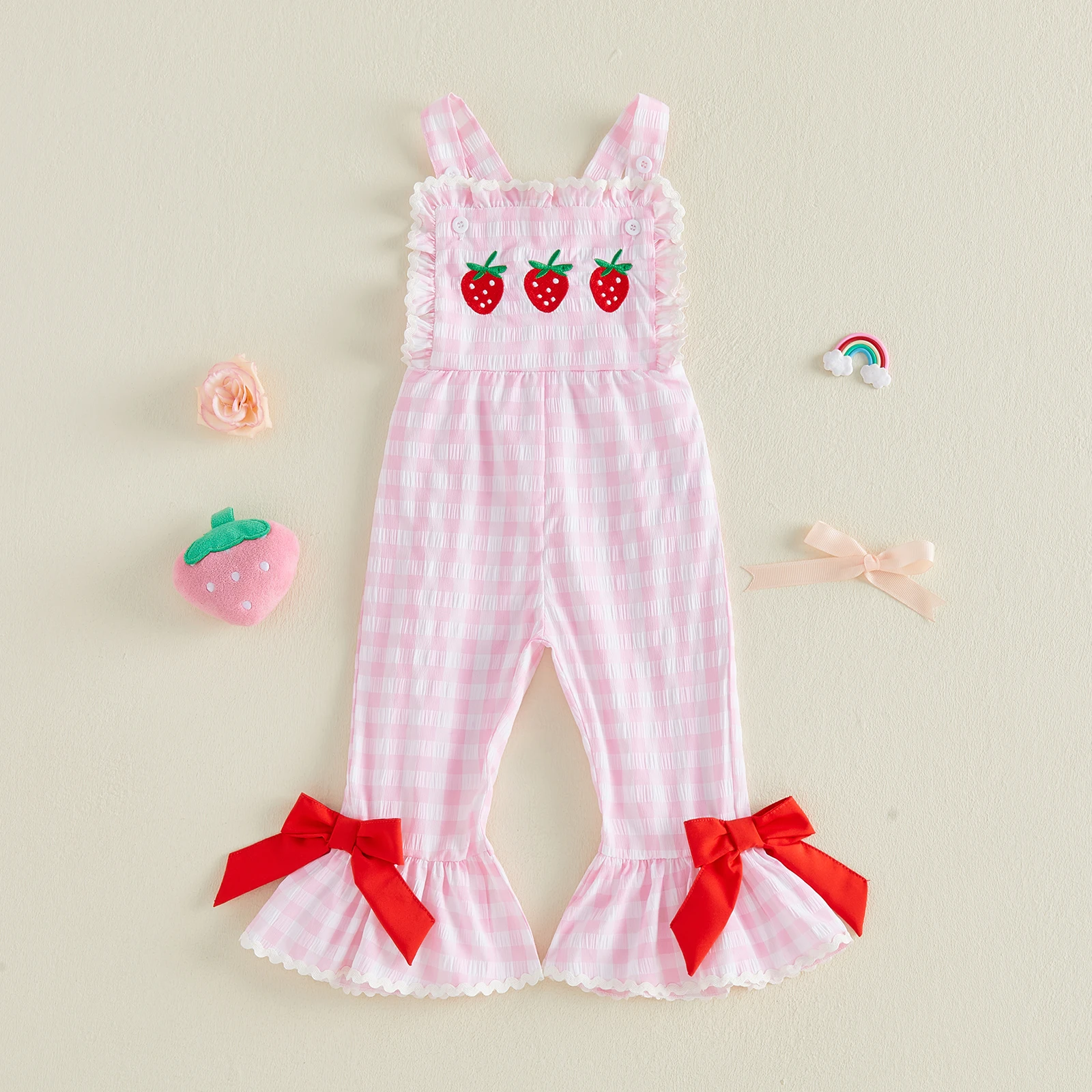 

Комбинезон-комбинезон для маленьких девочек, клетчатый комбинезон без рукавов с клубничной вышивкой, детская летняя одежда