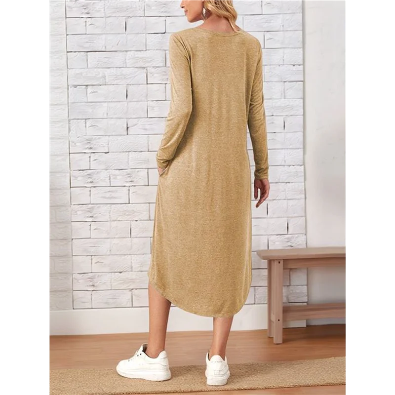 ODIES-فستان نسائي طويل بأكمام طويلة ورقبة دائرية مع جيوب #5