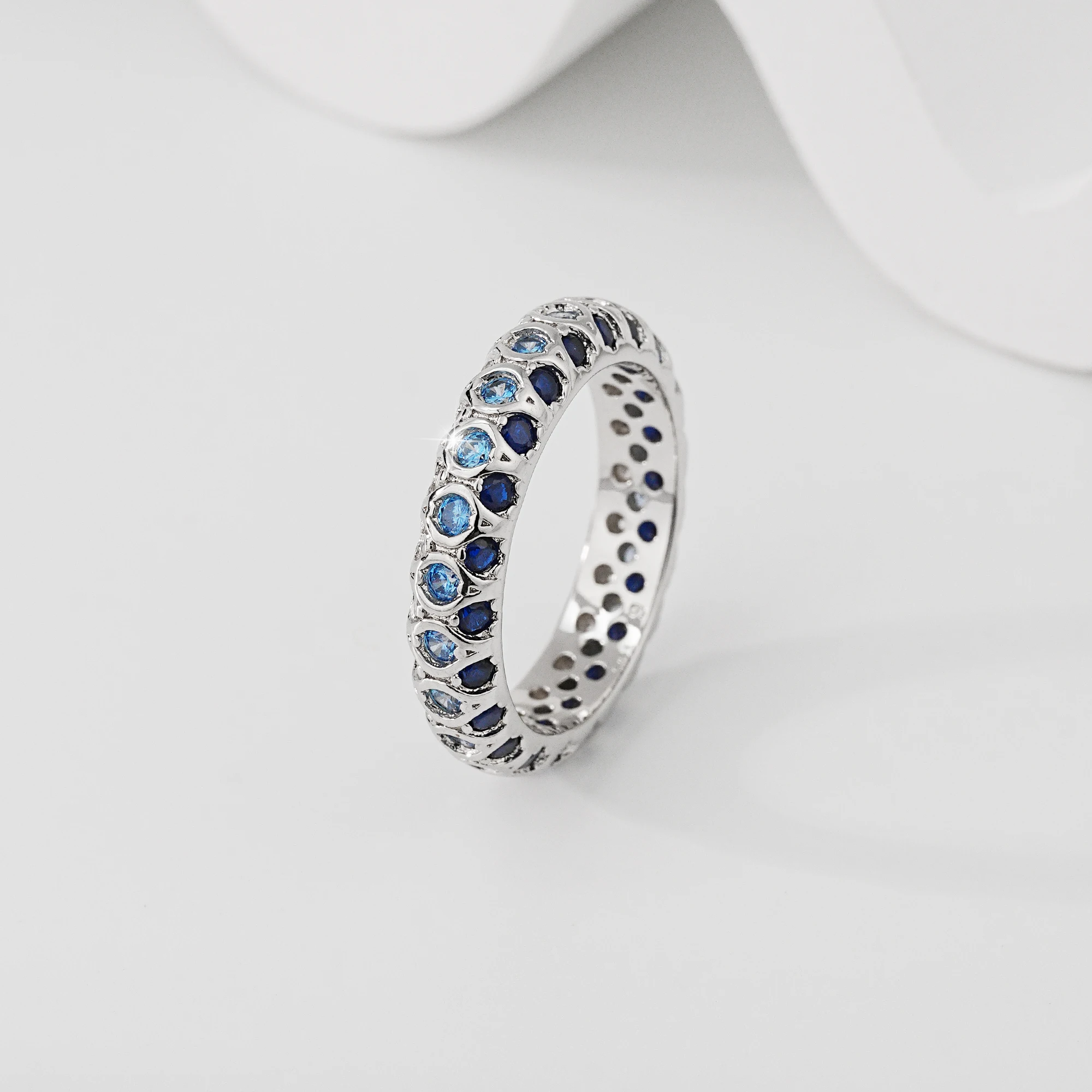

925 Sterling Silver Created Blue Sapphire Full Eternity Ring for Women Stackable Wedding Band Engagement Promise Jewelry