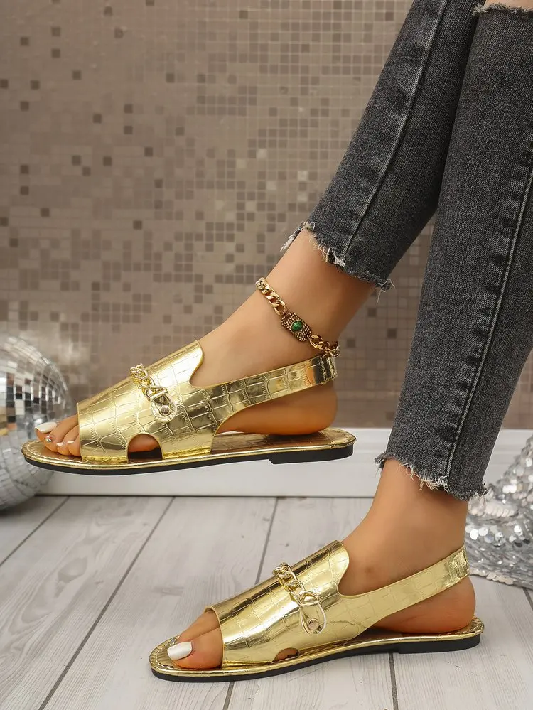Damen Glitzer-Gold-Pantoletten Sommer Metallic Strukturierte Sandalen mit Ketten-Dekor Große Größen Offene Zehen Flache Slides Damen-Hausschuhe – Detail 7
