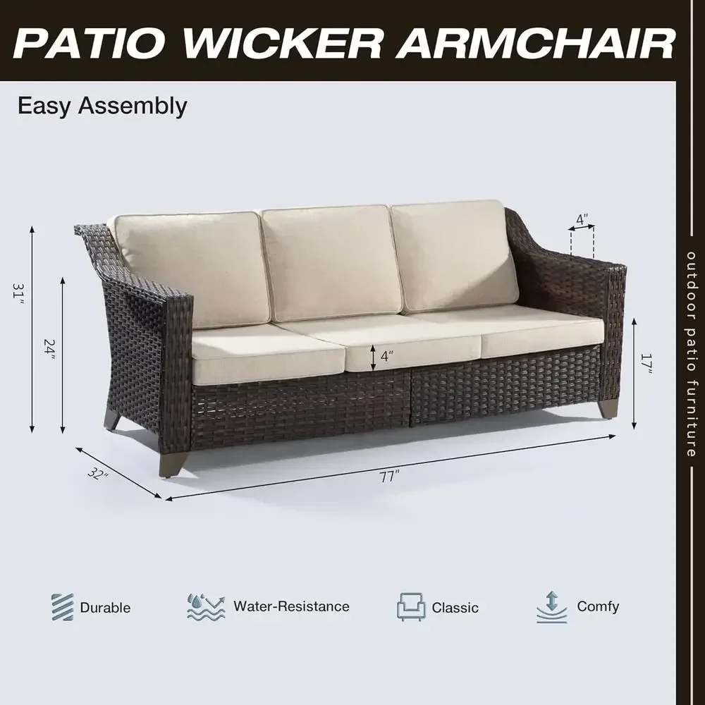 3-Seat All-Weather Outdoor Sofa with High Back and Premium Cushions for Patio, Garden, or Porch (Brown/Beige)