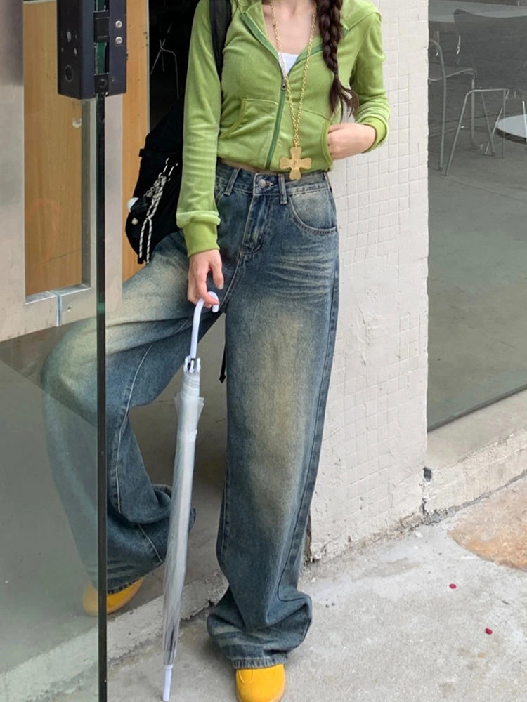 

Women's Street Style Hip Hop High Waist Unisex Jeans Cool Girl Wide Leg Vintage Pants Female Casual Retro Blue Denim Trousers