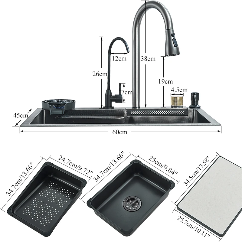 304 roestvrijstalen waterval aanrecht grote enkele sleuf geïntegreerde 60X45cm kraanset zeepdispenser / zuiver water / bekerwasmachine