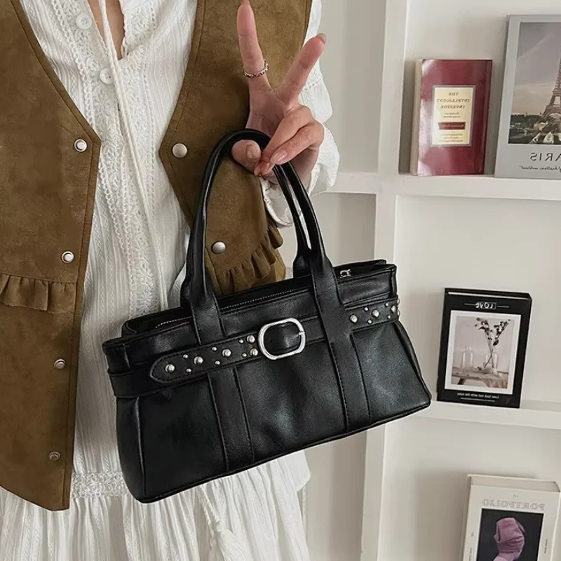 

Women's Vintage Pu Shoulder Bag Casual Commuter Tote Handbag Korean Crossbody Purse Rivet Decoration Large Capacity Buckle Bag