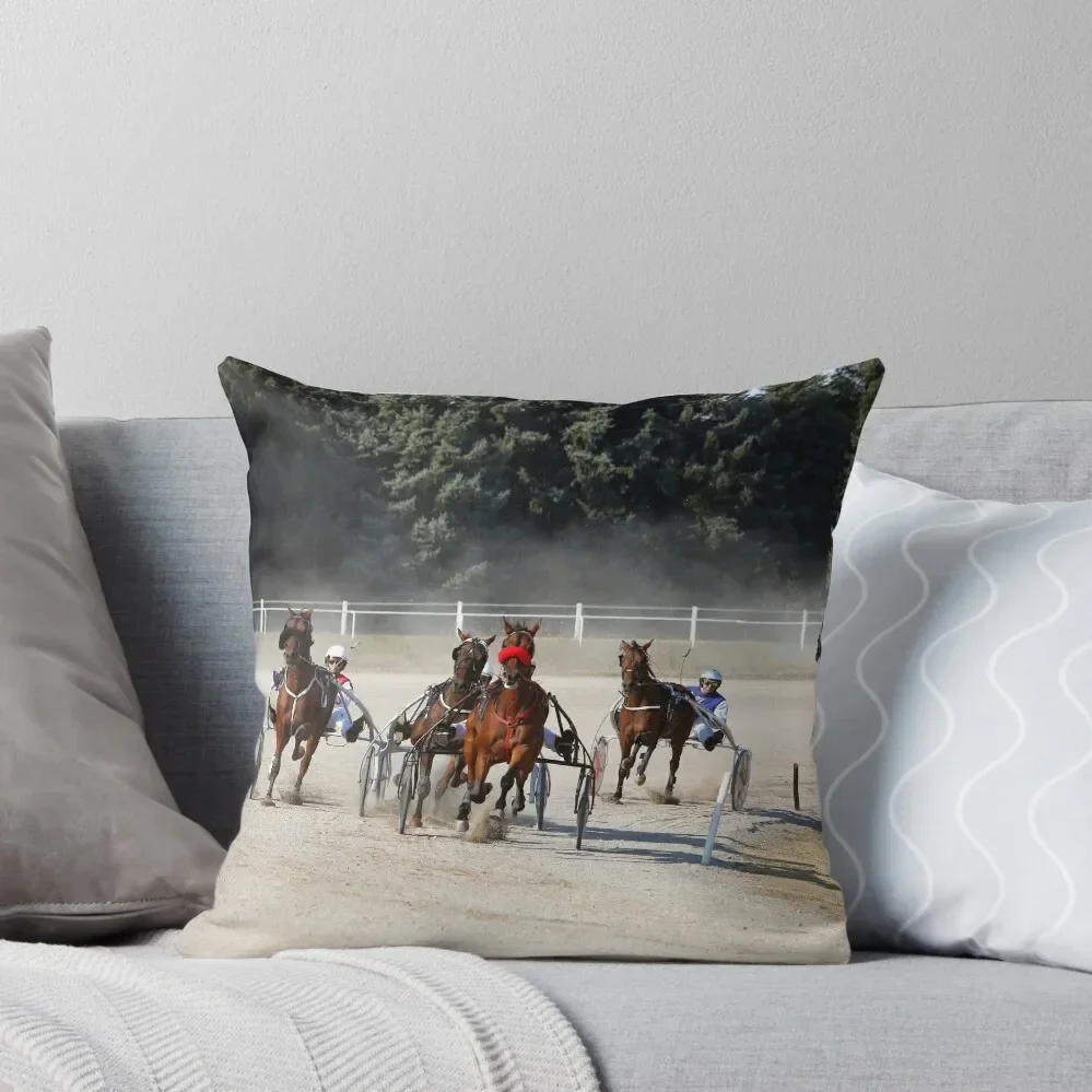 Horses trotter breed in harness racing at hippodrome Throw Pillow Throw Pillow Covers Decorative Cushion pillow