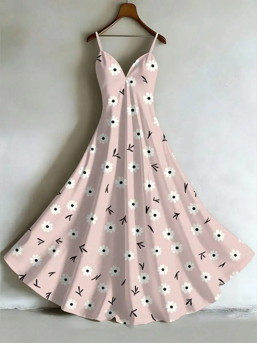 

Womens Casual Summer Slip Dress Daisy Print Umbrella Shape Beach Garden Party Dress