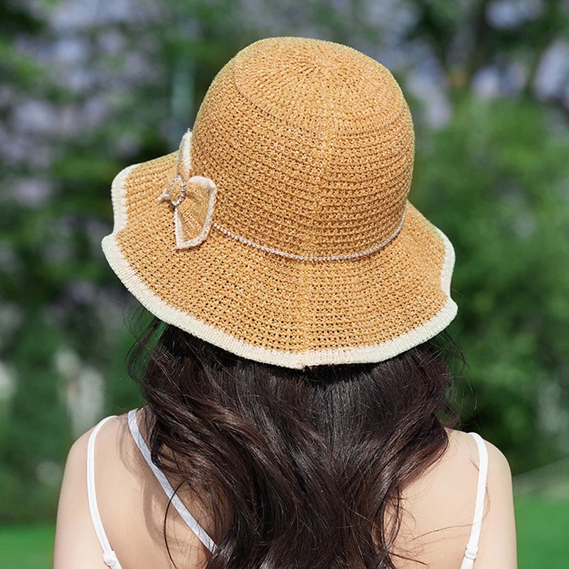 الصيف قبعة بحافة Bowknot واسعة متموجة حافة قبعة واقية من الشمس في الهواء الطلق قبعة الشاطئ السياحة في الهواء الطلق ظلة الشمس حماية صياد قبعة