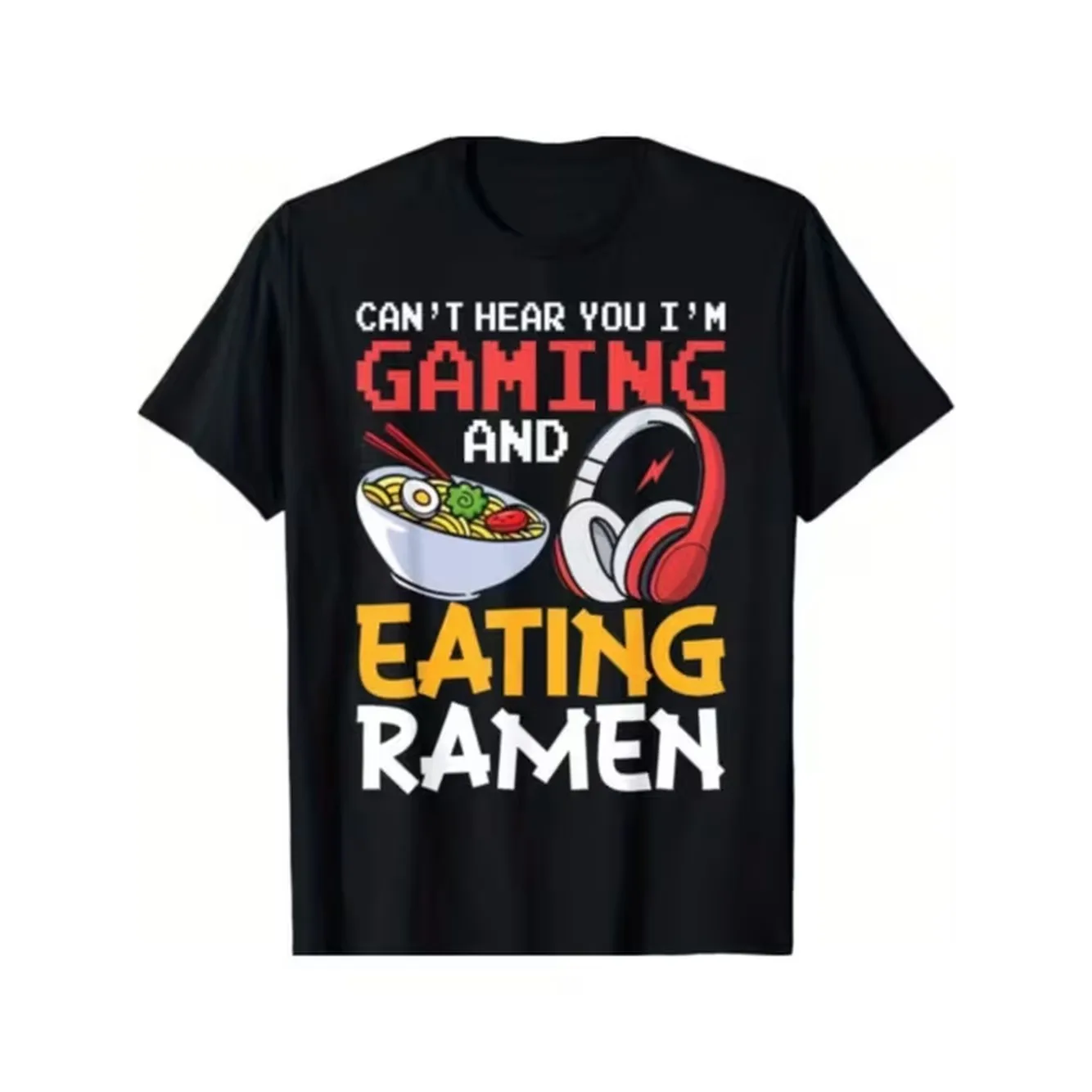 Humorous Gaming T Shirt I Cant Listen To You Im Busy Gaming And Ramen Design Unisex Casual Black With Vibrant Print Ideal For Summer Activities Summer Tee Gaming Gift Merchandise Medium Stretch Material