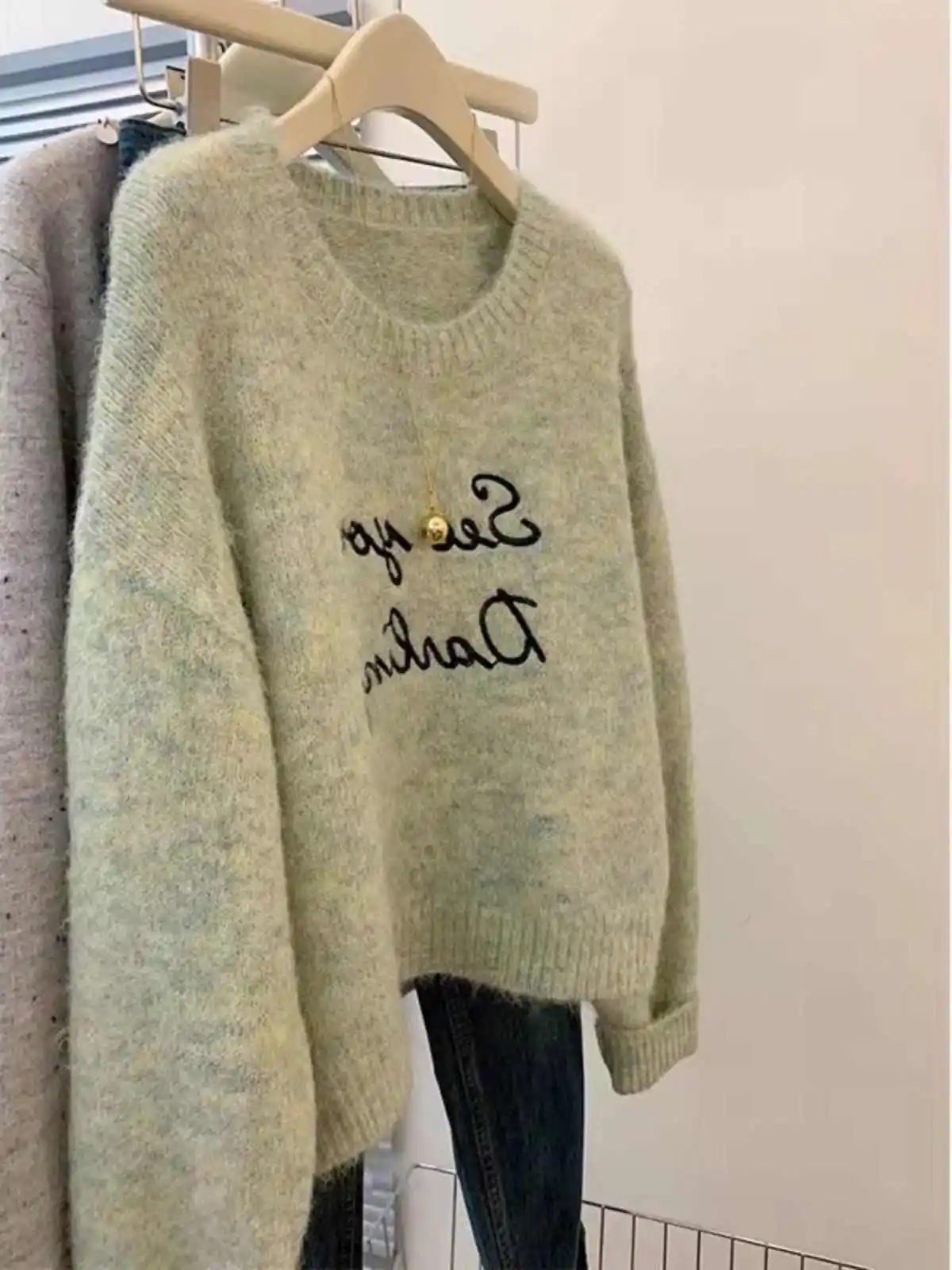 Maglione lavorato a maglia con lettera ricamata da donna girocollo a maniche lunghe pullover larghi autunno inverno nuovi top di lana termica