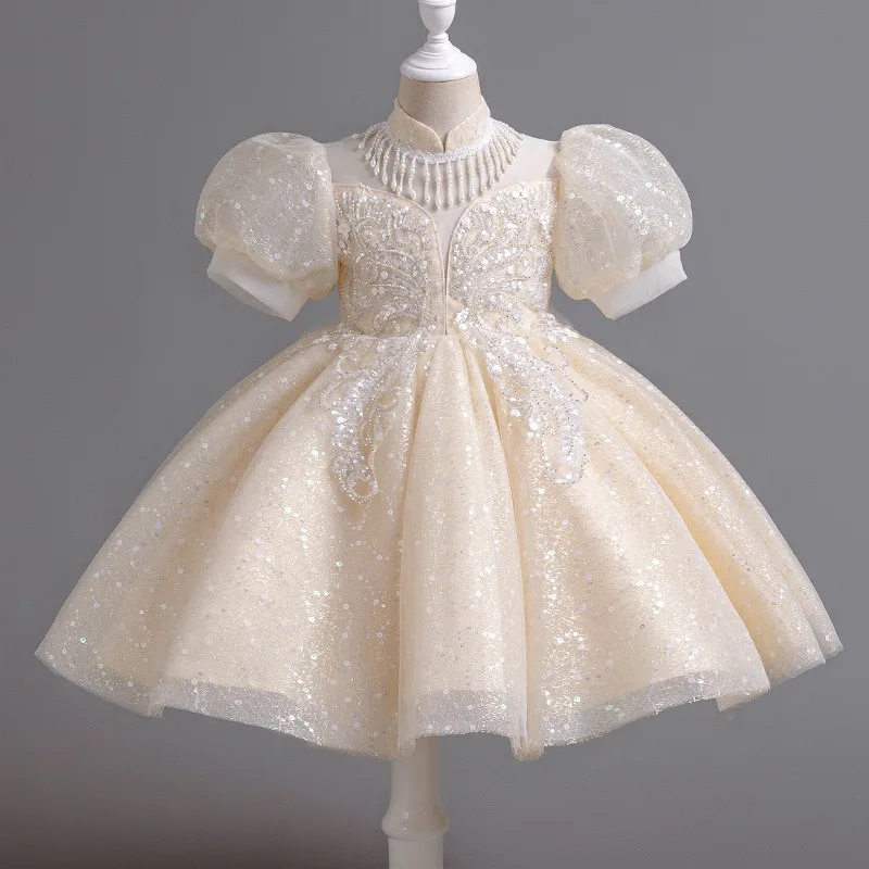 

High-end Sequin Flower Girl Dress Puff Sleeve White Mesh Wedding Dress Knee Length Fashion Evening Appliques Outfit Clothes