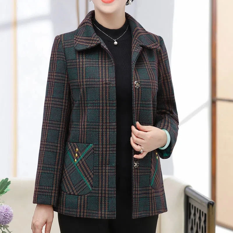 Middle-Aged Elderly Women\'s Short Coat Fashion Lining Plaid Jacket New Spring Autumn Grandma Casual Outerwear Loose Female Tops