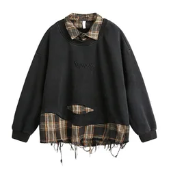 Oversized Hip Hop Splicing Patchwork Sweatshirt Men Harakuju Streetwear Ripped Pullover Coats