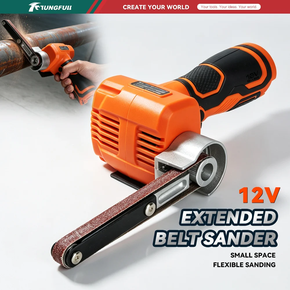 TUNGFULL 12V Cordless Belt Sander All Copper Motor Rotatable Sanding Arm for Dead Corner Wood Polishing & Rust Removal
