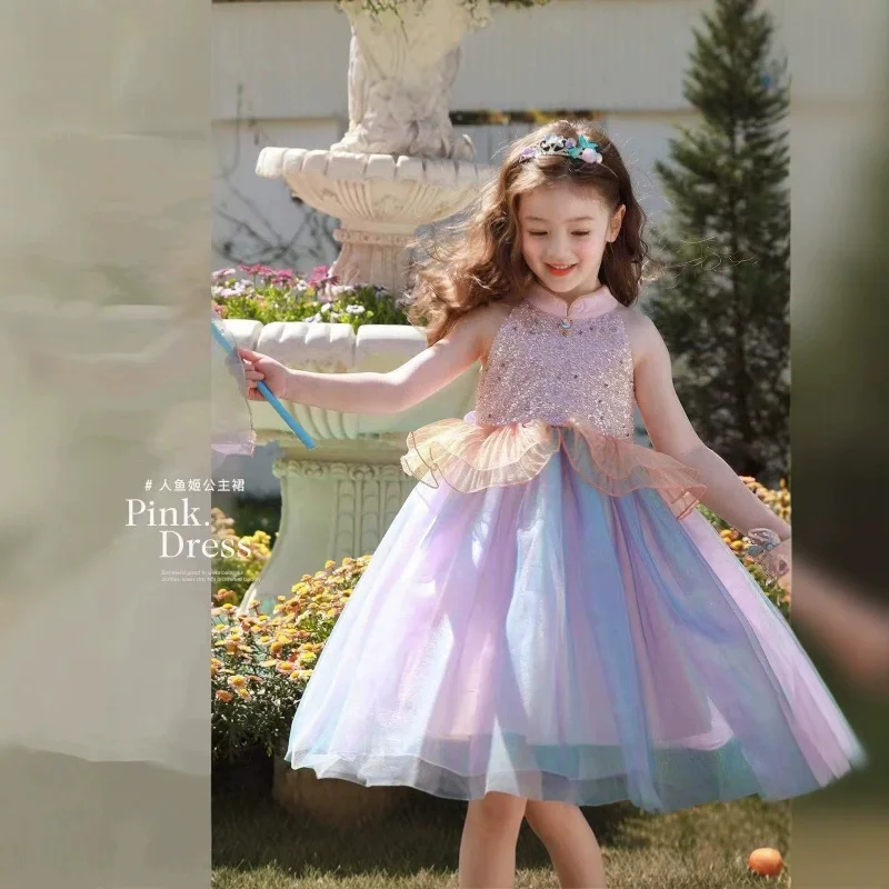 New French-style dreamy gradient color  dress with sparkling sequins for girls