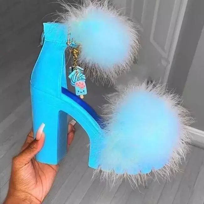 Woman Furry Sandals High Heels with Fur Female Platform Pumps Women Ankle Strap Women\'s Wedge Shoes 2022 Summer