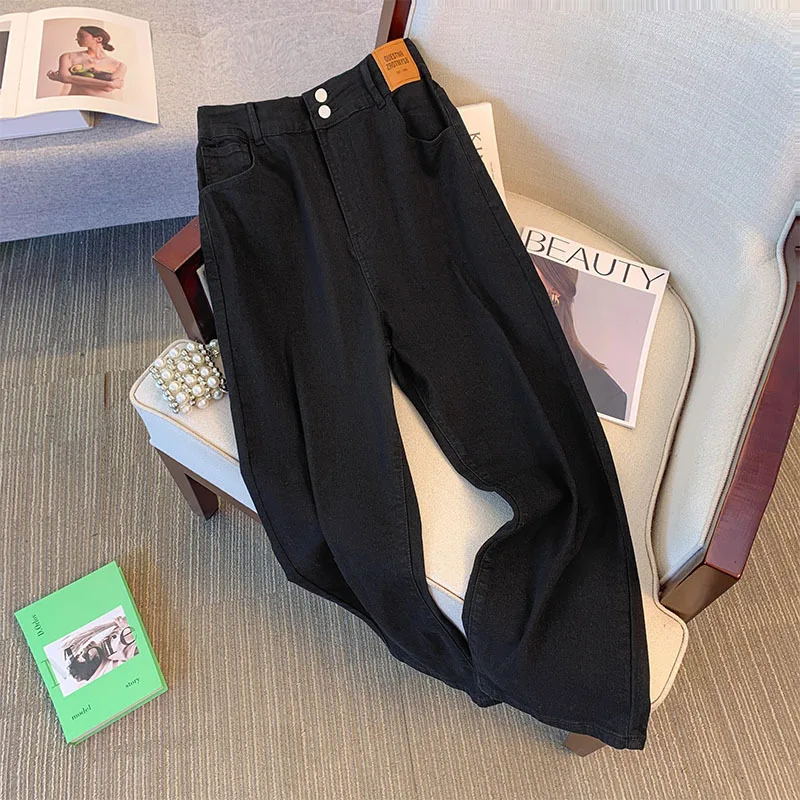 150Kg Plus Size Women\'s Hip 136 Spring Summer Elastic Jeans Straight Leg Pants Black 5XL 6XL 7XL 8XL 9XL