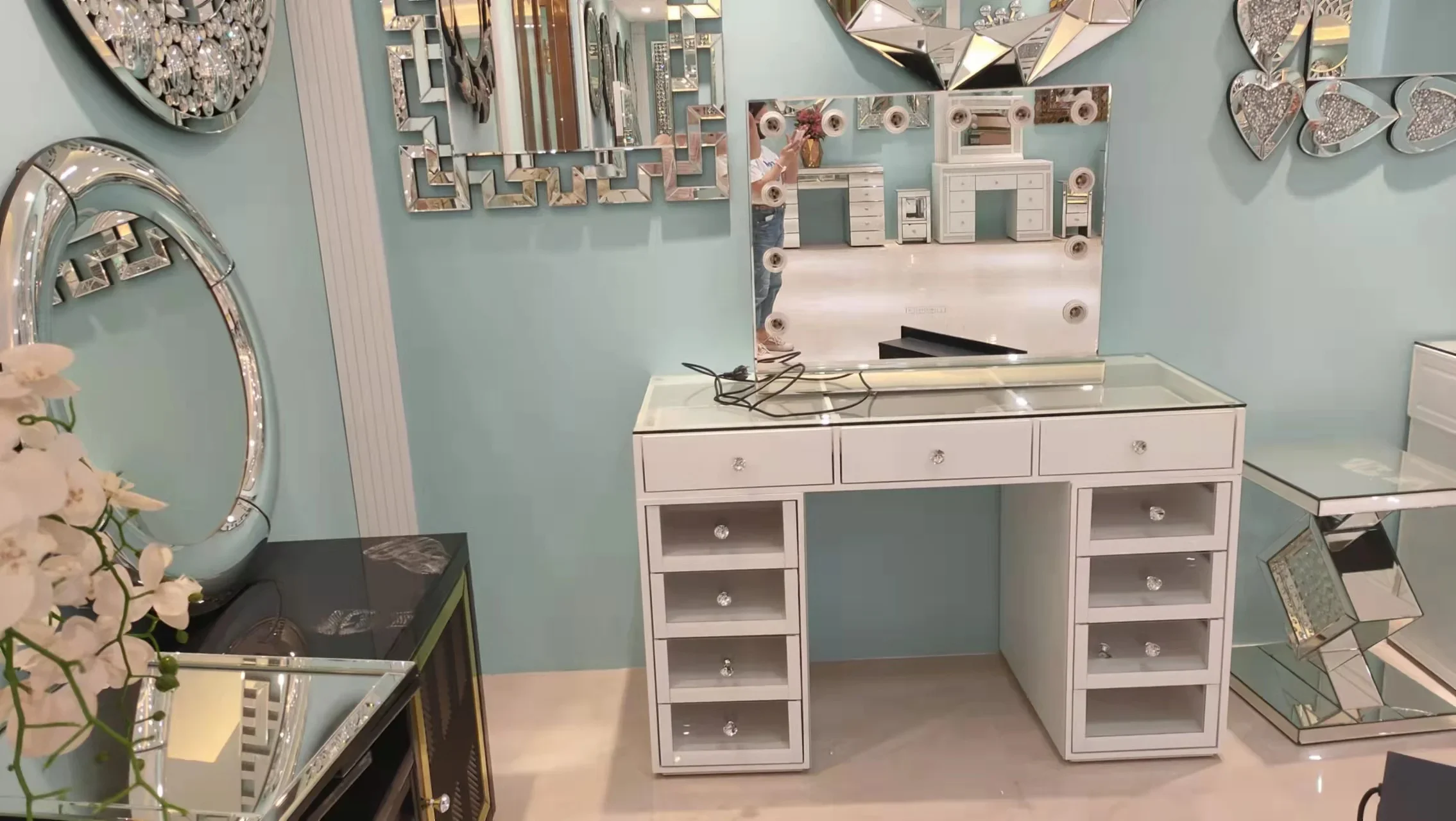 Commode en bois houx de maquillage avec miroir, meubles de chambre à coucher, ensemble de commode, 13 tiroirs, haute qualité