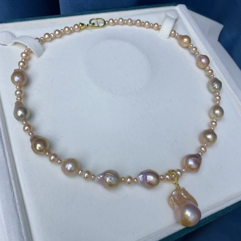 Natural Freshwater Pearl Baroque Orange Pink Necklace Neck Chain Collarbone Chain