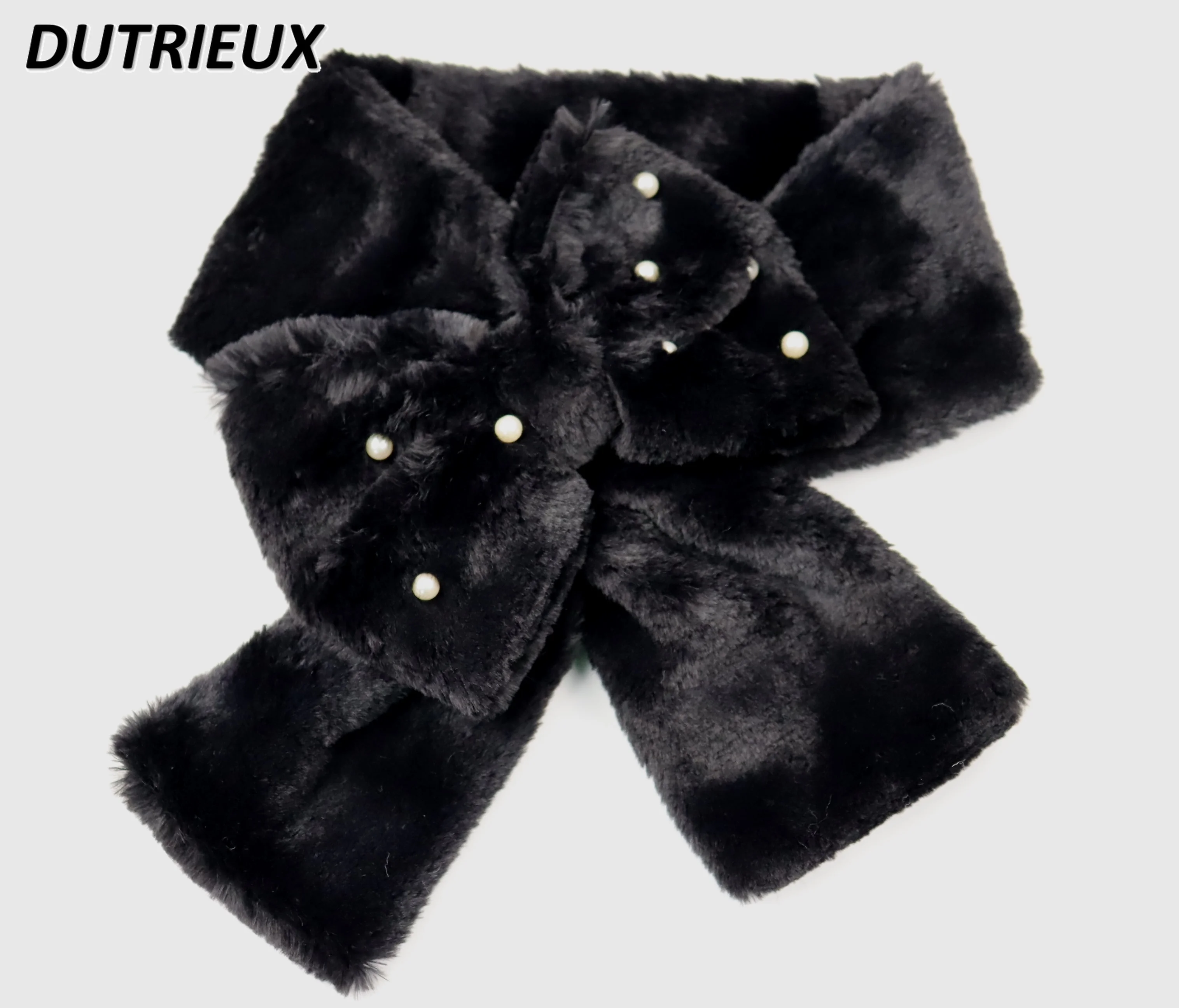 Sweet and Cute Girl Versatile Bow Scarf Japanese Mine Imitation Rabbit Hair Winter Warm Black Scarf Outdoor Accessories