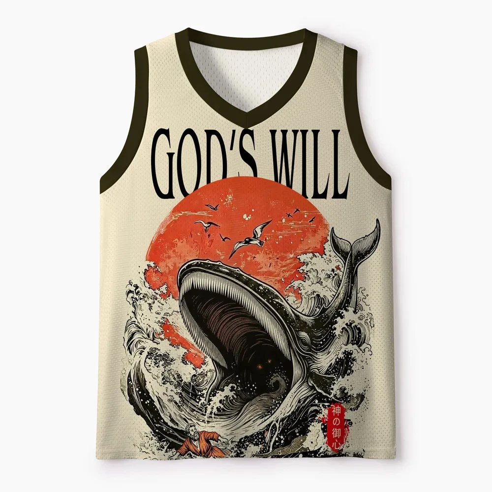 Hot Selling Top Vintage Ocean Beast & Sunrise Art Print Mesh Top Men Breathable Quick Dry Sleeveless Vest Sports Training Beach