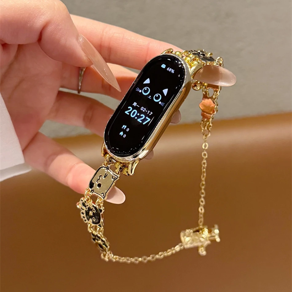 Fashion Cute Cat Kitty Strap For Xiaomi Mi Band 9 8 Pro Miband 7 6 5 4 3 Wristband Telescopic Chain Pendant Bracelet Watch Band