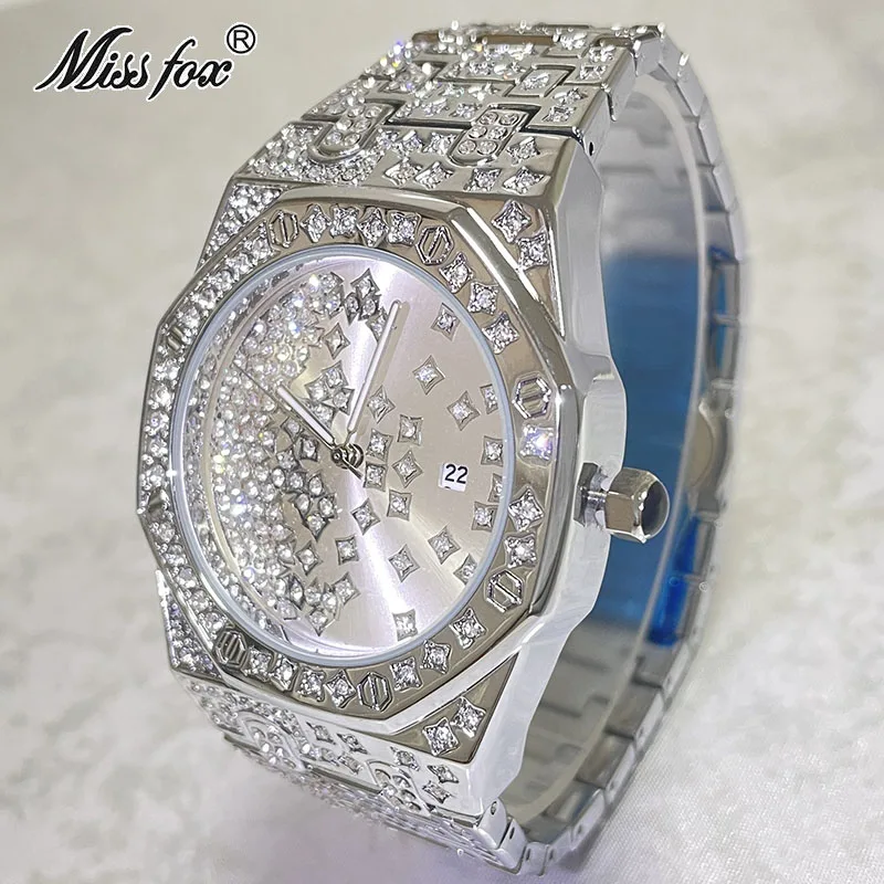 

Hip Hop Brand MISSFOX Sliver Fashion Iced Watch For Mens Luxury Diamond Automatic Date Clocks Full Steel Waterproof Watches Male