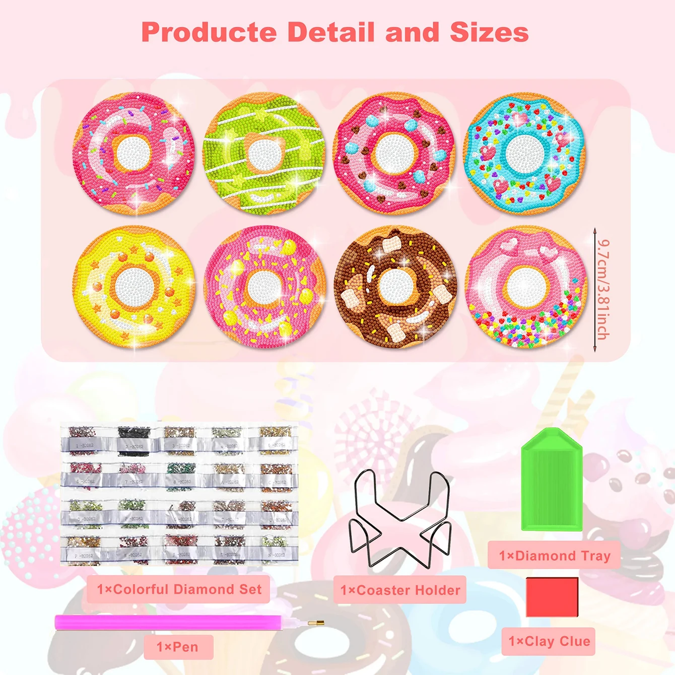 8 pieces/set of donut diamond painting coaster set, DIY coaster with holder for beginners and adults, diamond craft gift