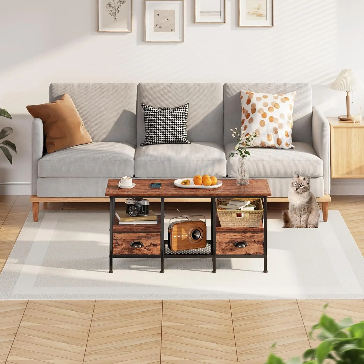 Furologee Coffee Table With 2 Fabric Drawers, 35Inch Small Coffee Table For Living Room, 2-Tier Central Table With Storage